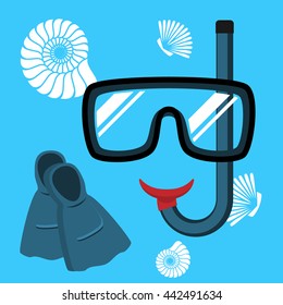 Set of vector illustration for diving. Mask, snorkel and flippers.