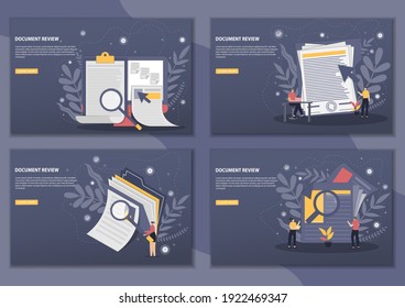 Set Of Vector Illustration Document Review With Landing Page Concept. Digital Document File Evidence Check Analysis. Good For Wallpaper, Banner, Background, Book Illustration, And Web Landing Page.