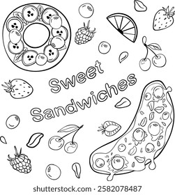 Set vector illustration doodles. Sweet sandwiches set. Toast with jam ore mascarpone and fruits, berry. Hand draw collection black and white.