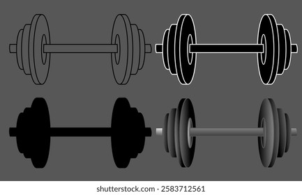 Set Vector illustration of a dumbbell in outline, silhouette, and 3D styles. Perfect for gym, fitness, weightlifting, bodybuilding, workout, sports, and strength training designs.