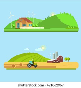 Set vector illustration eco tourism, flat style. Rural landscapes with fields and hills. Tractor in the field harvests. Eco travel concept