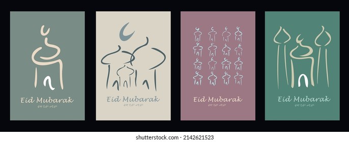 Set of vector illustration Eid Mubarak with symbol of mosque. Islamic greeting card template with ramadan for wallpaper design, poster, media banner. 