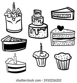 Set Of Vector Illustration Element  With Cake In Doodle Style. Hand Drawn Food. Icon, Symbol, Logo. Pie, Dessert, Muffin