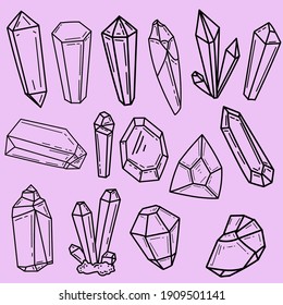 Set Of Vector Illustration Element  With Crystal In Doodle Style. Hand Drawn Food. Icon, Symbol, Logo. 