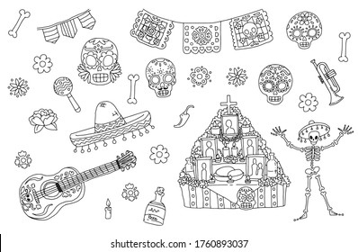 Set of vector illustration elements for design on the Day of the dead. Dia de los muertos collection with skulls, flowers, altar, guitar, papel picado, trumpet and more. Hand drawn cartoon sketch.