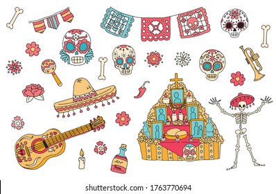 Set of vector illustration elements for design on the Day of the dead. Dia de los muertos collection with skulls, flowers, altar, guitar, papel picado, trumpet and more. Colorful drawn cartoon sketch.