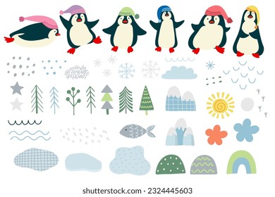 Set of vector illustration elements, penguins, mountains, fish, abstract elements, Christmas trees, sun, rainbow, snowflakes, star, flat design.