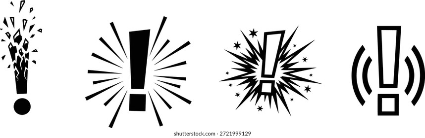 Un conjunto de signos de exclamación de Ilustración vectorial con explosión y efectos de sonido en estilo silueta para el diseño y uso decorativo