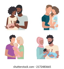 Set vector illustration of a family couple gently and carefully hugging their little child on a white background. Family day, loving parents, happy childhood.