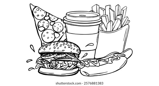 Set Vector illustration Fast Food. Paper Coffee Cup, Pizza, Burger, French fries and Hot dog sketch in Black and White style. Hand drawn Street Food outline. Menu design template for cafe and showcase