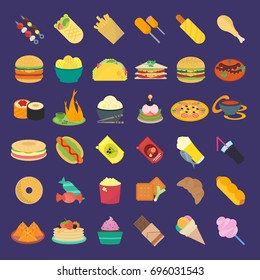 Set vector illustration of fast food. Flat elements on a dark background.