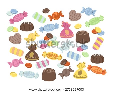 set Vector illustration featuring a variety of colorful candies and chocolates scattered on a plain background. Includes wrapped candies, chocolates, and jelly beans in assorted shapes and colors.
