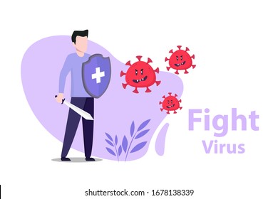 Set Vector illustration fight covid-19 corona virus. cure corona virus. Men fight virus concept. corona viruses vaccine concept. end of 2019-ncov. don't be afraid of the corona virus concept.
