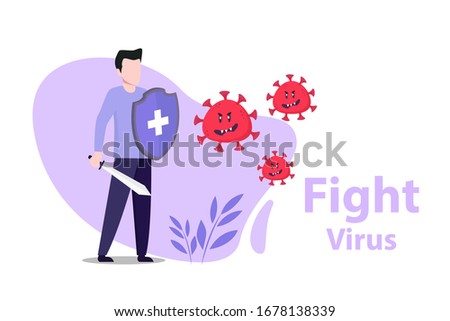 Set Vector illustration fight covid-19 corona virus. cure corona virus. Men fight virus concept. corona viruses vaccine concept. end of 2019-ncov. don't be afraid of the corona virus concept.

