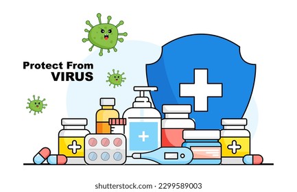 Set Vector Illustrations-Kampfvirus. Menschen bekämpfen das Virenkonzept.  Vektorgrafik	