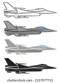 Conjunto de ilustraciones vectoriales de un avión de combate sobre un fondo blanco.