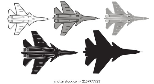 Conjunto de ilustraciones vectoriales de un avión de combate sobre un fondo blanco.