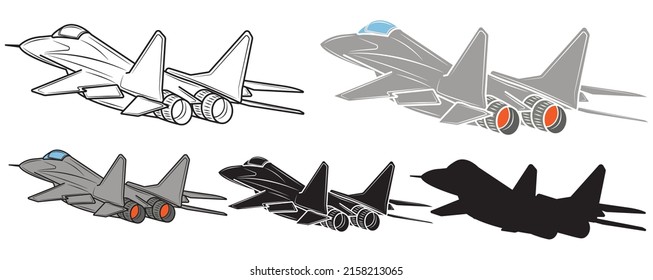 Conjunto de ilustraciones vectoriales de un avión de combate sobre un fondo blanco.