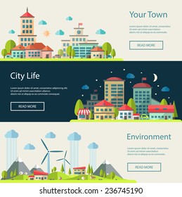 Set Of Vector Illustration Of Flat Design Urban Landscape Compositions