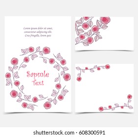 Set vector illustration of floral decoration, roses frame, romantic decoration flowers with leaves