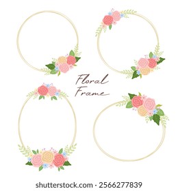 Set of vector illustration floral frame with pink rose flowers