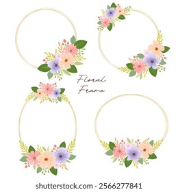 Set of vector illustration floral frame with pink purple flowers