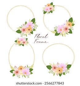 Set of vector illustration floral frame with pink orange flowers