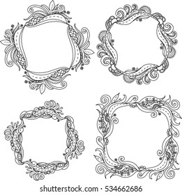 Set vector illustration of floral frame Zen Tangle. Dudlart. Black and white. Coloring page.