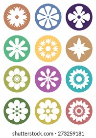 Set of vector illustration of flower silhouette in white on colored circles isolated on white background.