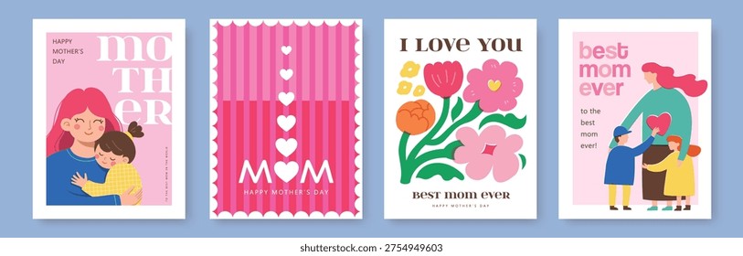 Set of vector illustration with flowers background, mother and kids for Mother's Day poster, cover, card, brochure or banner template design.