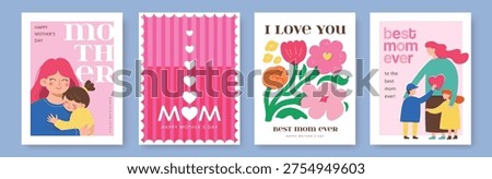 Set of vector illustration with flowers background, mother and kids for Mother's Day poster, cover, card, brochure or banner template design.