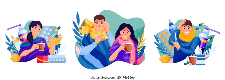 Set of vector illustration of flu sick people. Man, woman and family couple treats seasonal cold respiratory infection disease. Flat cartoon banners with characters isolated on white background