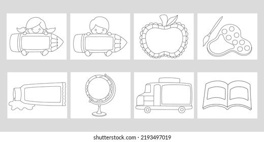 Set vector illustration, frame and coloring, black lines for coloring, art for kids, kids activities, worksheet decoration, elements for teacher and more.