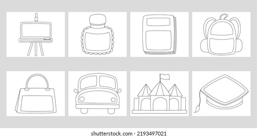 Set vector illustration, frame and coloring, black lines for coloring, art for kids, kids activities, worksheet decoration, elements for teacher and more.