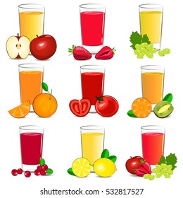 Set of vector illustration of fresh fruit and vegetable juice.