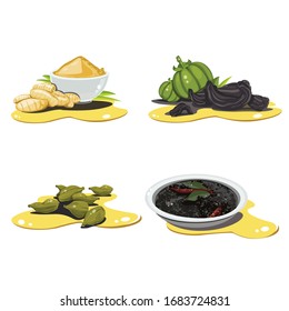 Establecer la ilustración vectorial de un jengibre fresco, cardamomo, pimienta aislada en fondo blanco. Imprimir, plantilla, elemento de diseño para empaquetar.