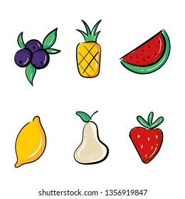 set of vector illustration fruit berry pinneaple watermelon lemon pear strawberry in flat organic cartoon style design