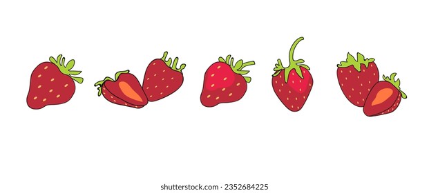 Set of vector illustration fruit strawberry, whole and slice of strawberry 