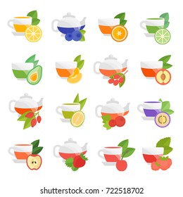 Set vector illustration of fruit tea. Flat elements on white background.