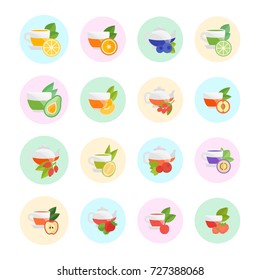 Set vector illustration of fruit tea. Flat elements on white background.