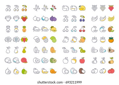Set vector illustration of fruits and berries. Flat elements in three styles.