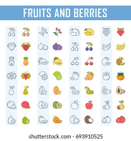 Set vector illustration of fruits and berries. Flat elements in two styles.