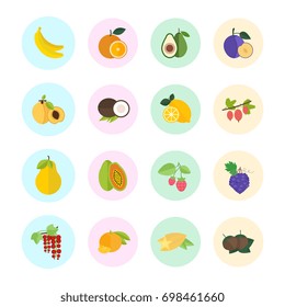 Set vector illustration of fruits. Flat elements with color round backdrops on white background