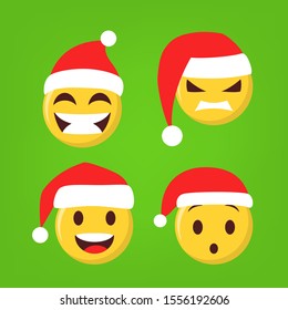 Conjunto de ilustraciones vectoriales de graciosas navidades emoji. Cara festiva con sombreros rojos de Santa y elemento de Navidad. Emoticono aislado para chat en línea