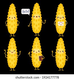 set of vector illustration with funny corn, various character emotions. cute vegetables icon. cartoon flat style. stickers