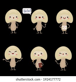 conjunto de ilustraciones vectoriales con hongos divertidos, emociones de varios caracteres. icono de las verduras lindas. caricatura de estilo plano. pegatinas