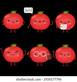 conjunto de ilustración vectorial con tomate divertido, varias emociones de carácter. icono de las verduras lindas. caricatura de estilo plano. pegatinas