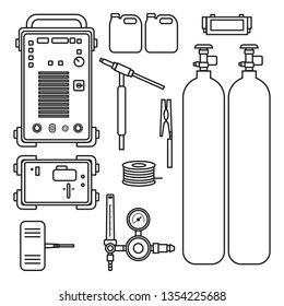 set of vector illustration gas welding argon machine with regulator tank torch for industrial construction and metal working flat design style silhouette