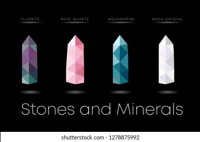 Set of vector illustration of gemstones: fluorite, moonstone, quartz, rose quartz, cactus quartz, smoky quartz, mountain crystal, tourmaline, aquamarine. Low Poly Gemstones and Minerals.