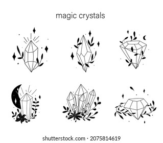 Establecer la silueta geométrica del cristal negro, diamante, rama de hojas, flor, luna en forma de doodle para diseño, pegatina, impresión, invitación